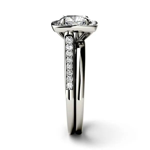 1.27 CTW DEW Round Forever One Moissanite Channel Set Halo with Side Accents Engagement Ring in 14K White Gold