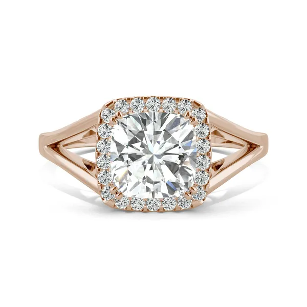 2.18 CTW DEW Cushion Forever One Moissanite Split Shank Halo Engagement Ring in 14K Rose Gold