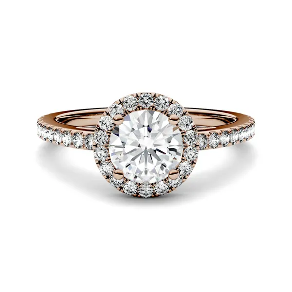 1.40 CTW DEW Round Forever One Moissanite Halo Engagement Ring in 14K Rose Gold