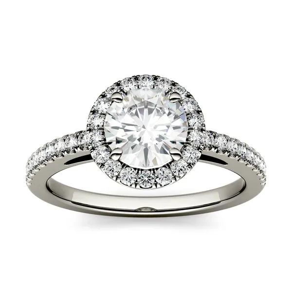1.40 CTW DEW Round Forever One Moissanite Halo Engagement Ring in 14K White Gold