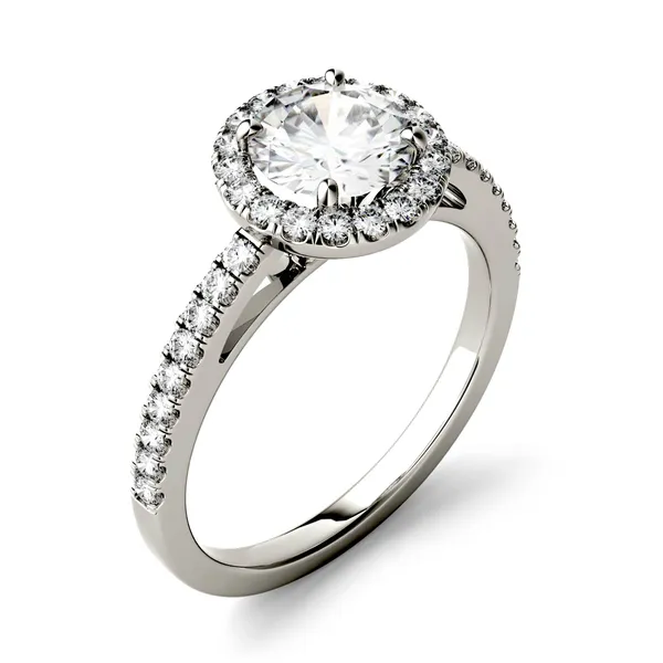 1.40 CTW DEW Round Forever One Moissanite Halo Engagement Ring in 14K White Gold