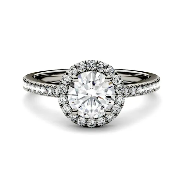 1.40 CTW DEW Round Forever One Moissanite Halo Engagement Ring in 14K White Gold