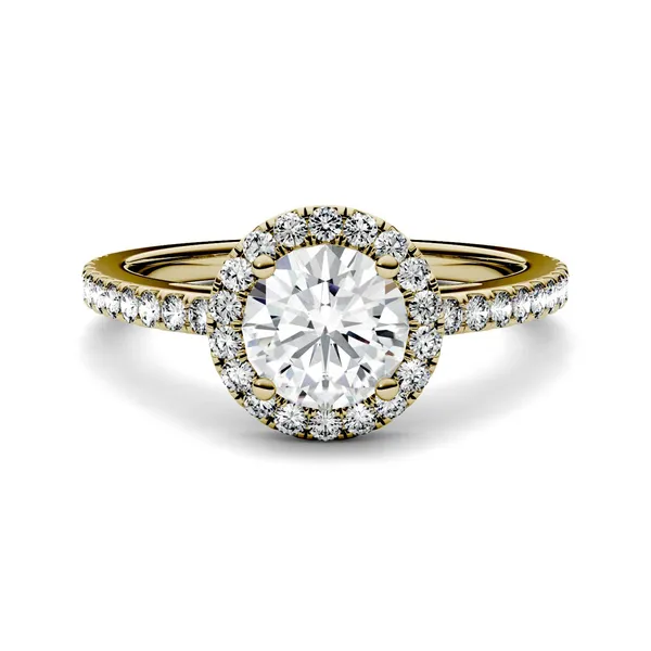 1.40 CTW DEW Round Forever One Moissanite Halo Engagement Ring in 14K Yellow Gold