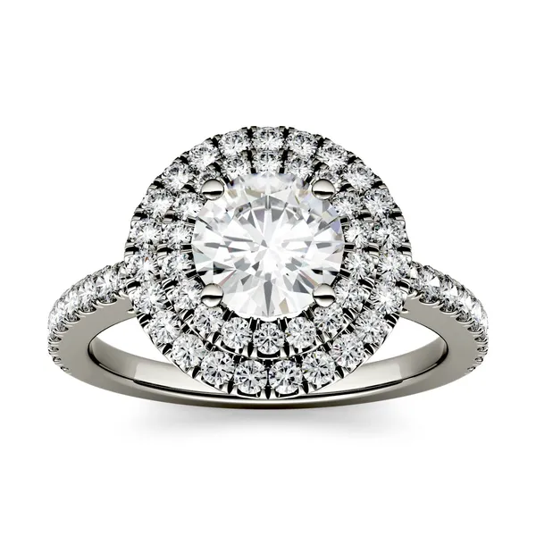 1.68 CTW DEW Round Forever One Moissanite Double Halo with Side Accents Engagement Ring in 14K White Gold
