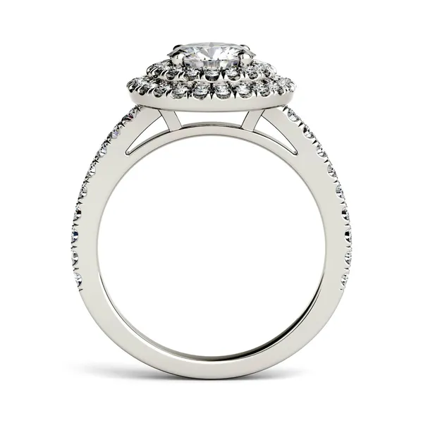 1.68 CTW DEW Round Forever One Moissanite Double Halo with Side Accents Engagement Ring in 14K White Gold