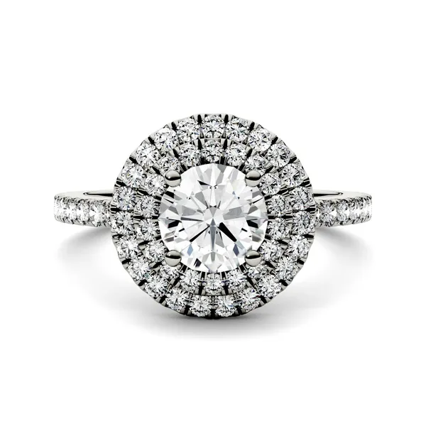 1.68 CTW DEW Round Forever One Moissanite Double Halo with Side Accents Engagement Ring in 14K White Gold