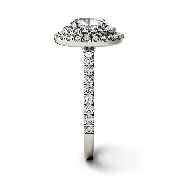 1.68 CTW DEW Round Forever One Moissanite Double Halo with Side Accents Engagement Ring in 14K White Gold