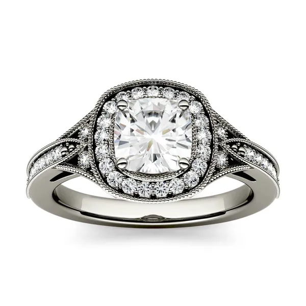 1.34 CTW DEW Cushion Forever One Moissanite Milgrain Halo with Side Accents Engagement Ring in 14K White Gold
