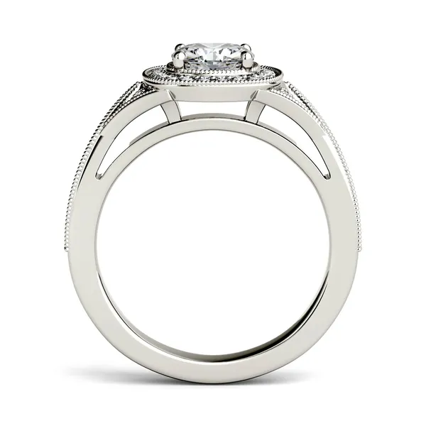 1.34 CTW DEW Cushion Forever One Moissanite Milgrain Halo with Side Accents Engagement Ring in 14K White Gold