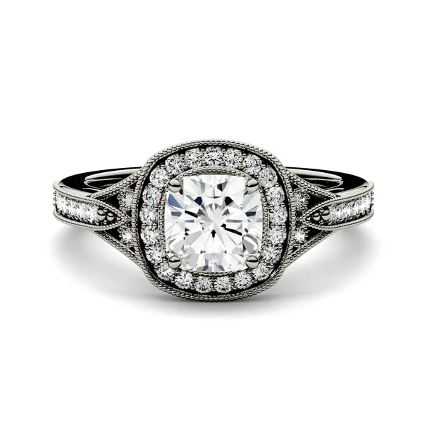 1.34 CTW DEW Cushion Forever One Moissanite Milgrain Halo with Side Accents Engagement Ring in 14K White Gold