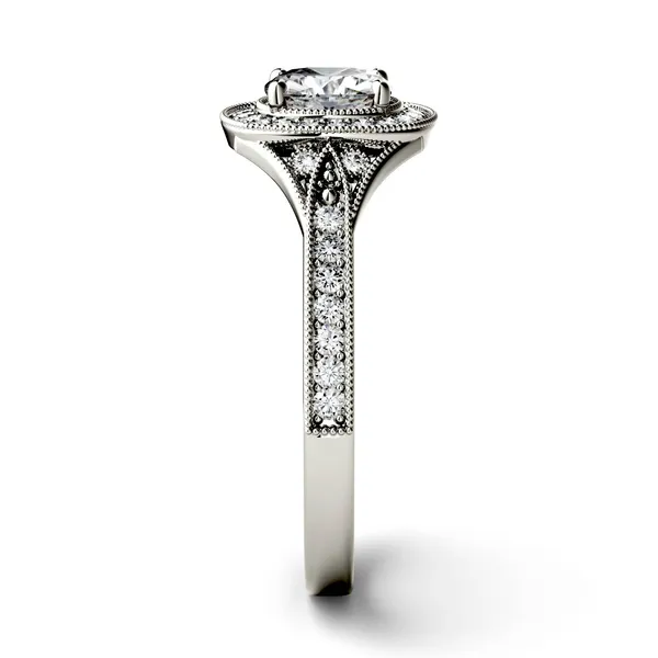 1.34 CTW DEW Cushion Forever One Moissanite Milgrain Halo with Side Accents Engagement Ring in 14K White Gold