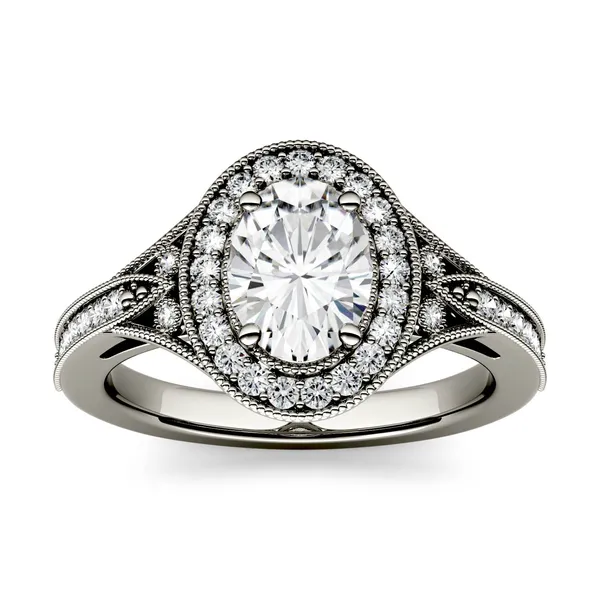 1.14 CTW DEW Oval Forever One Moissanite Milgrain Halo with Side Accents Engagement Ring in 14K White Gold