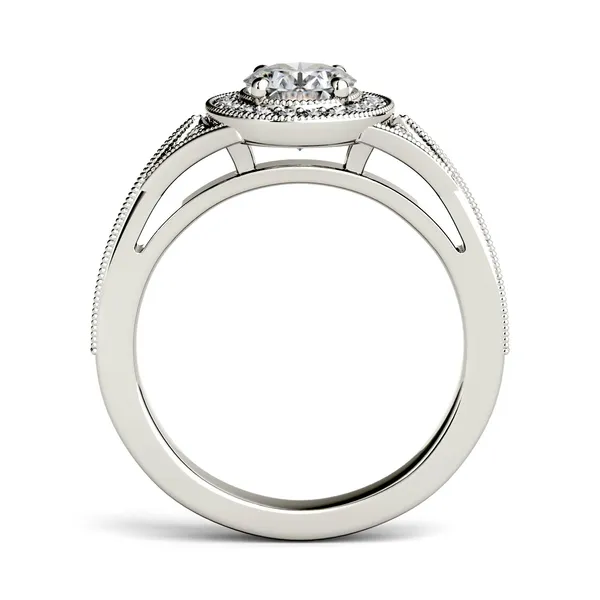 1.14 CTW DEW Oval Forever One Moissanite Milgrain Halo with Side Accents Engagement Ring in 14K White Gold