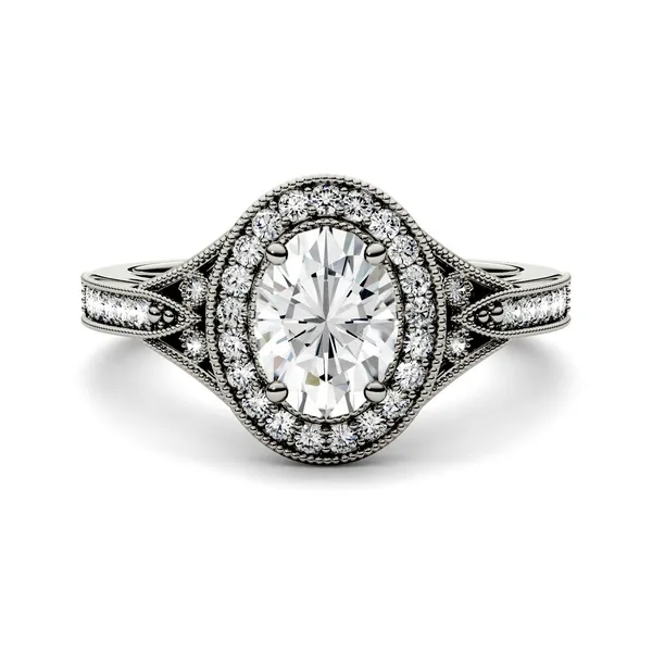 1.14 CTW DEW Oval Forever One Moissanite Milgrain Halo with Side Accents Engagement Ring in 14K White Gold