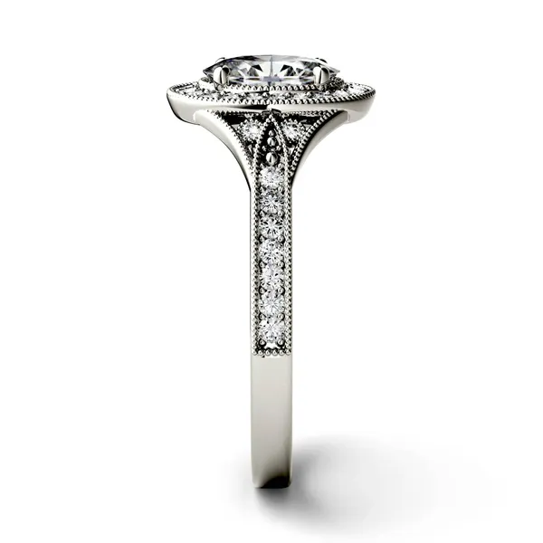 1.14 CTW DEW Oval Forever One Moissanite Milgrain Halo with Side Accents Engagement Ring in 14K White Gold