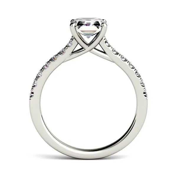 1.58 CTW DEW Asscher Forever One Moissanite Solitaire with Side Accents Engagement Ring in 14K White Gold