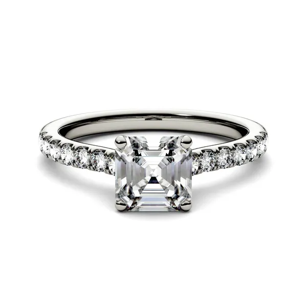 1.58 CTW DEW Asscher Forever One Moissanite Solitaire with Side Accents Engagement Ring in 14K White Gold