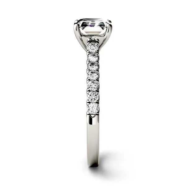 1.58 CTW DEW Asscher Forever One Moissanite Solitaire with Side Accents Engagement Ring in 14K White Gold