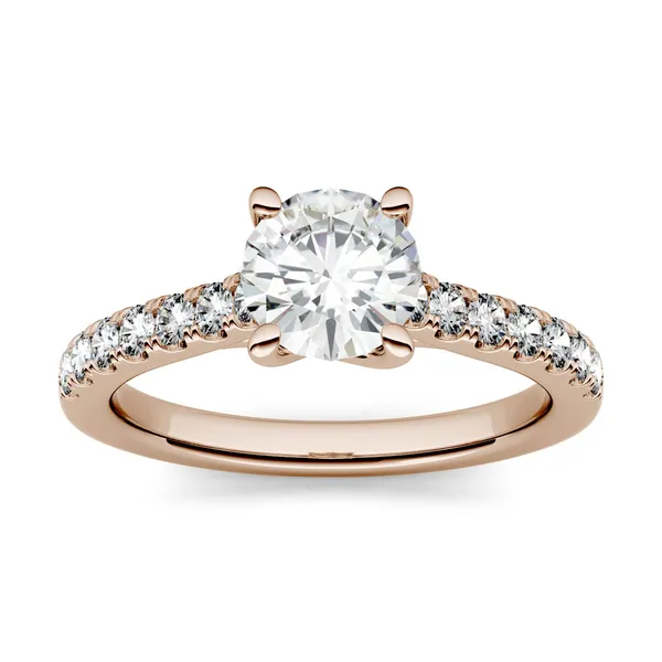 1.28 CTW DEW Round Forever One Moissanite Solitaire with Side Accents Engagement Ring in 14K Rose Gold