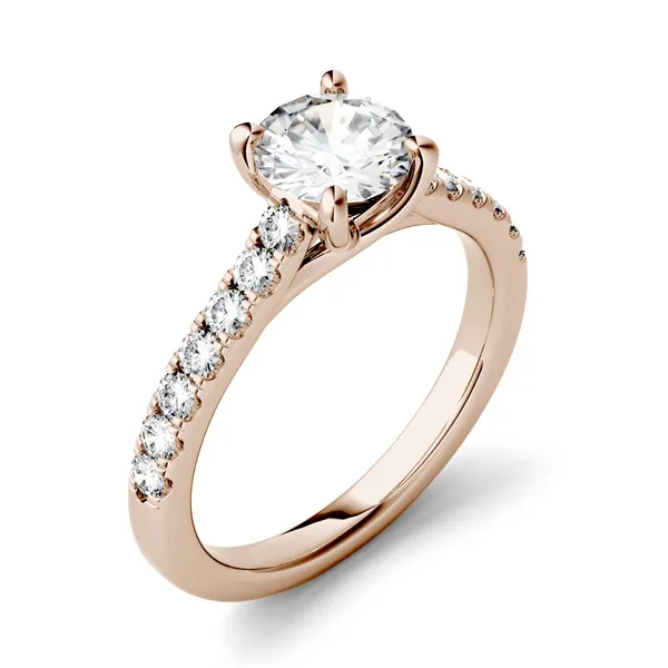 1.28 CTW DEW Round Forever One Moissanite Solitaire with Side Accents Engagement Ring in 14K Rose Gold
