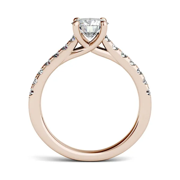 1.28 CTW DEW Round Forever One Moissanite Solitaire with Side Accents Engagement Ring in 14K Rose Gold