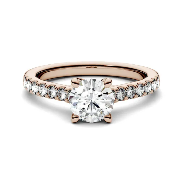 1.28 CTW DEW Round Forever One Moissanite Solitaire with Side Accents Engagement Ring in 14K Rose Gold