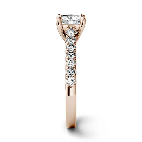 1.28 CTW DEW Round Forever One Moissanite Solitaire with Side Accents Engagement Ring in 14K Rose Gold