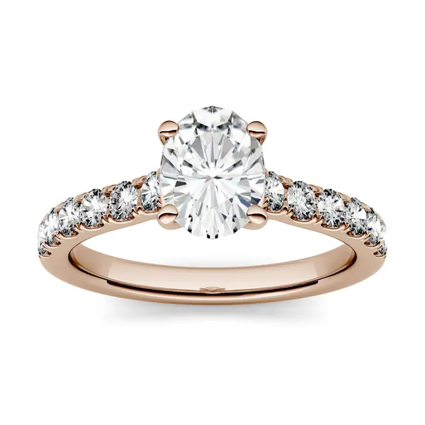 1.26 CTW DEW Oval Forever One Moissanite Solitaire with Side Accents Engagement Ring in 14K Rose Gold