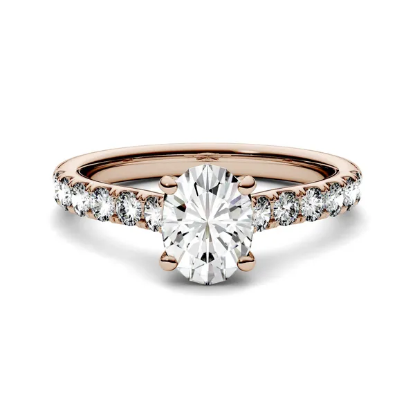 1.26 CTW DEW Oval Forever One Moissanite Solitaire with Side Accents Engagement Ring in 14K Rose Gold