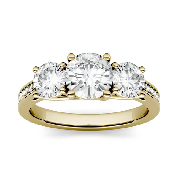 2.14 CTW DEW Round Forever One Moissanite Three Stone with Side Accents Ring in 14K Yellow Gold