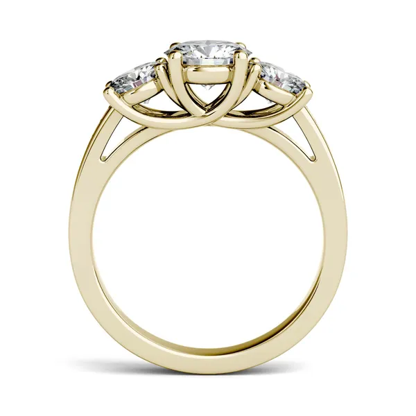 2.14 CTW DEW Round Forever One Moissanite Three Stone with Side Accents Ring in 14K Yellow Gold