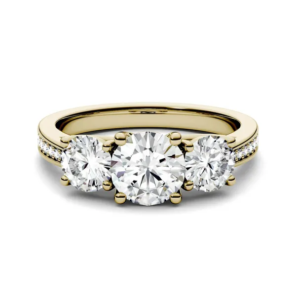 2.14 CTW DEW Round Forever One Moissanite Three Stone with Side Accents Ring in 14K Yellow Gold