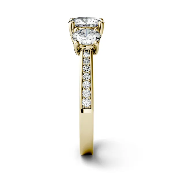 2.14 CTW DEW Round Forever One Moissanite Three Stone with Side Accents Ring in 14K Yellow Gold