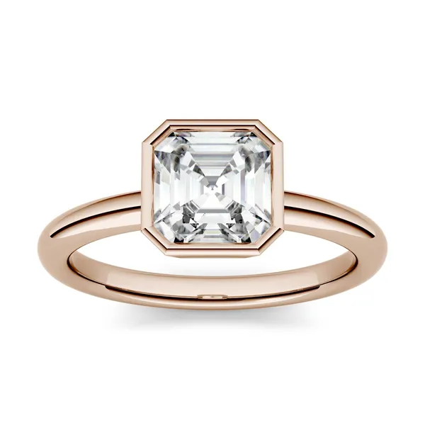 1.30 CTW DEW Asscher Forever One Moissanite Bezel Set Solitaire Engagement Ring in 14K Rose Gold
