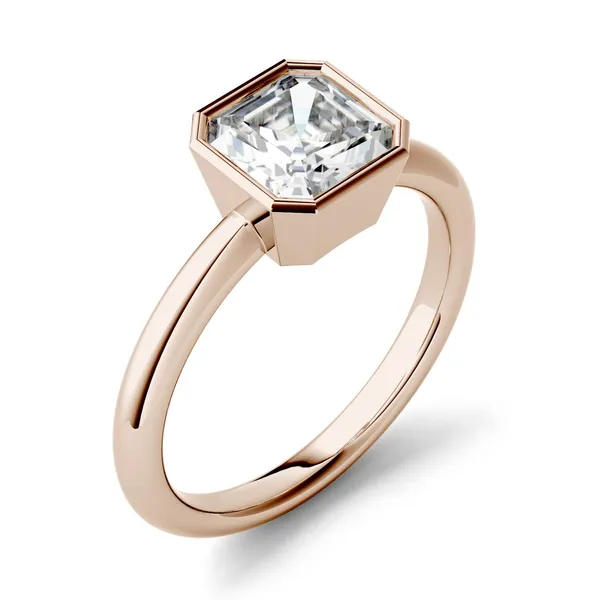 1.30 CTW DEW Asscher Forever One Moissanite Bezel Set Solitaire Engagement Ring in 14K Rose Gold