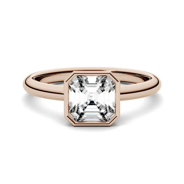 1.30 CTW DEW Asscher Forever One Moissanite Bezel Set Solitaire Engagement Ring in 14K Rose Gold