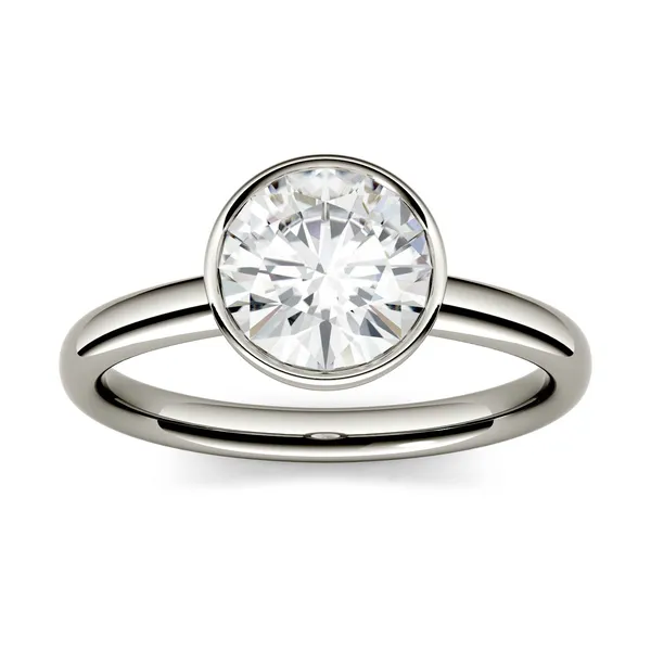 1.00 CTW DEW Round Forever One Moissanite Bezel Set Solitaire Engagement Ring in 14K White Gold