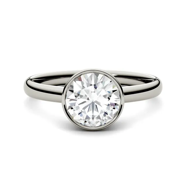 1.00 CTW DEW Round Forever One Moissanite Bezel Set Solitaire Engagement Ring in 14K White Gold