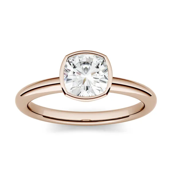 1.10 CTW DEW Cushion Forever One Moissanite Bezel Set Solitaire Engagement Ring in 14K Rose Gold