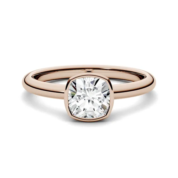 1.10 CTW DEW Cushion Forever One Moissanite Bezel Set Solitaire Engagement Ring in 14K Rose Gold