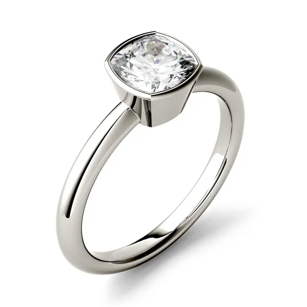 1.10 CTW DEW Cushion Forever One Moissanite Bezel Set Solitaire Engagement Ring in 14K White Gold