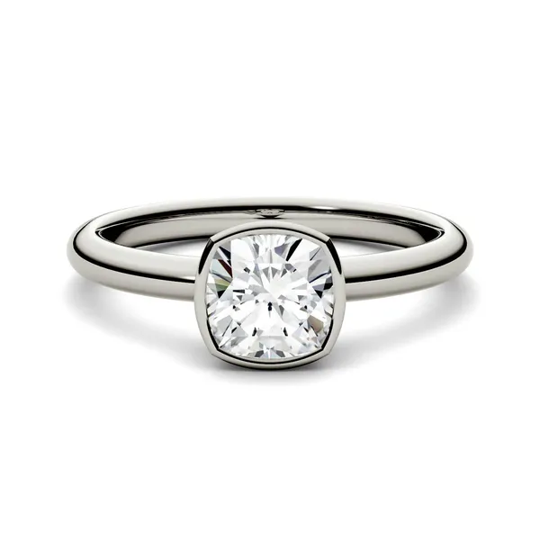 1.10 CTW DEW Cushion Forever One Moissanite Bezel Set Solitaire Engagement Ring in 14K White Gold