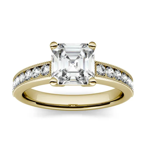 1.61 CTW DEW Asscher Forever One Moissanite Solitaire with Milgrain Side Accents Engagement Ring in 14K Yellow Gold
