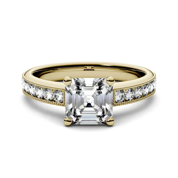 1.61 CTW DEW Asscher Forever One Moissanite Solitaire with Milgrain Side Accents Engagement Ring in 14K Yellow Gold