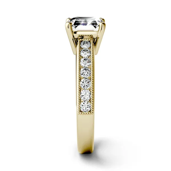 1.61 CTW DEW Asscher Forever One Moissanite Solitaire with Milgrain Side Accents Engagement Ring in 14K Yellow Gold