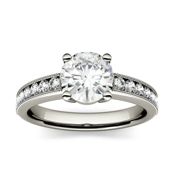 1.31 CTW DEW Round Forever One Moissanite Solitaire with Milgrain Side Accents Engagement Ring in 14K White Gold