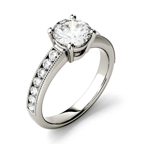 1.31 CTW DEW Round Forever One Moissanite Solitaire with Milgrain Side Accents Engagement Ring in 14K White Gold