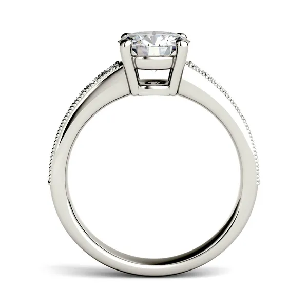 1.31 CTW DEW Round Forever One Moissanite Solitaire with Milgrain Side Accents Engagement Ring in 14K White Gold