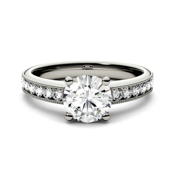 1.31 CTW DEW Round Forever One Moissanite Solitaire with Milgrain Side Accents Engagement Ring in 14K White Gold