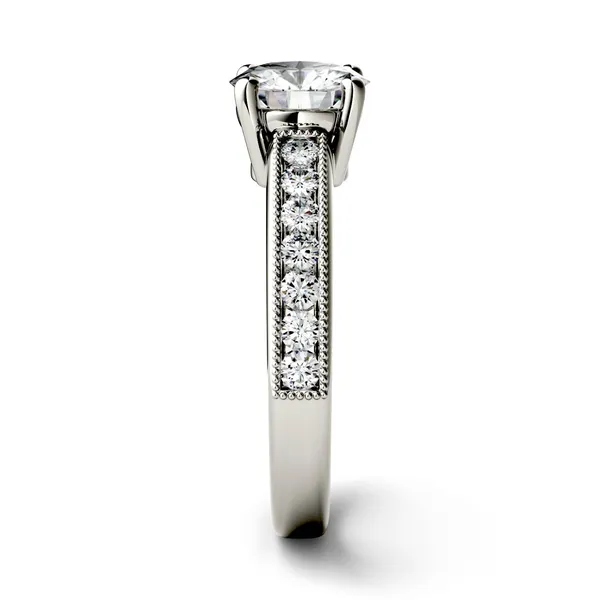 1.31 CTW DEW Round Forever One Moissanite Solitaire with Milgrain Side Accents Engagement Ring in 14K White Gold